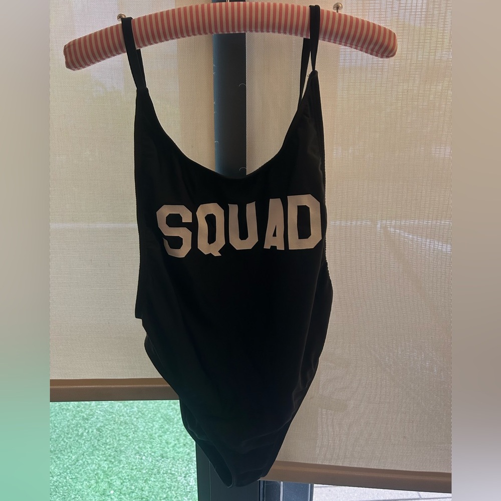 Black One-Piece Swimsuit “SQUAD” Graphic | Fun Summer Swimwear